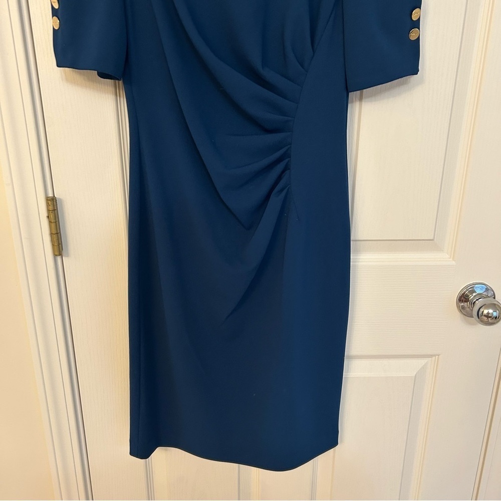 DKNY Button Sleeve Ruched Sheath Dress in Teal Blue Size 4 - Picture 4 of 7